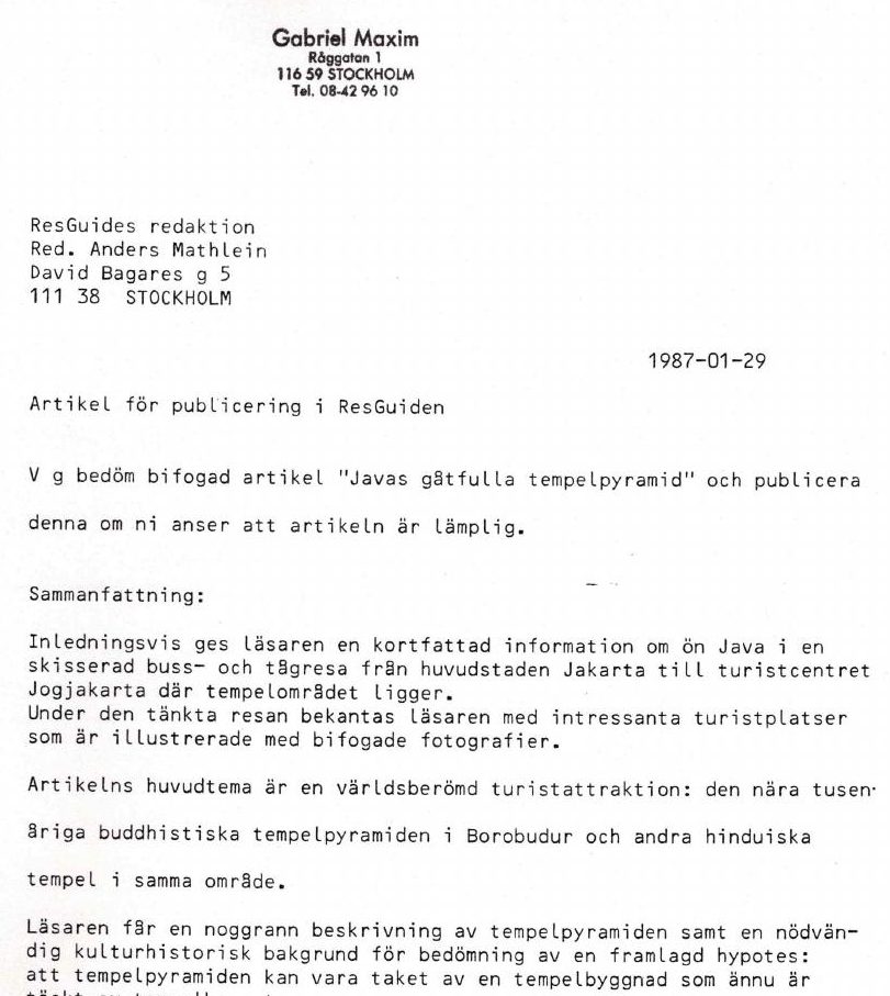 Sprievodný list Gabriela Maxima redakcii ResGuide, 29. 1. 1987