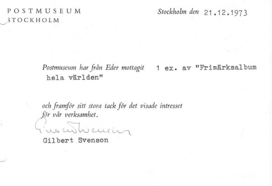 Poďakovanie Poštového múzea v Štokholme za album Frimärksalbum hela världen, 21. 12. 1973