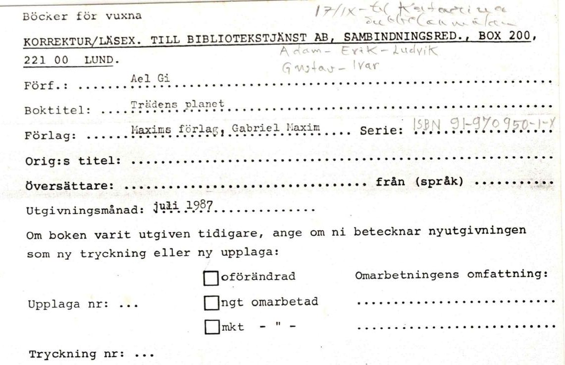 Formulár Bibliotekstjänst pre knihu Trädens planet, autor Ael Gi, Maxims förlag