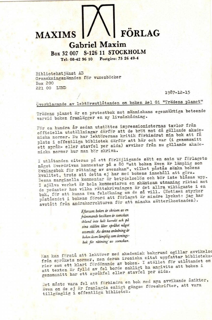 Odvolanie Gabriela Maxima proti recenzii, 15. 12. 1987