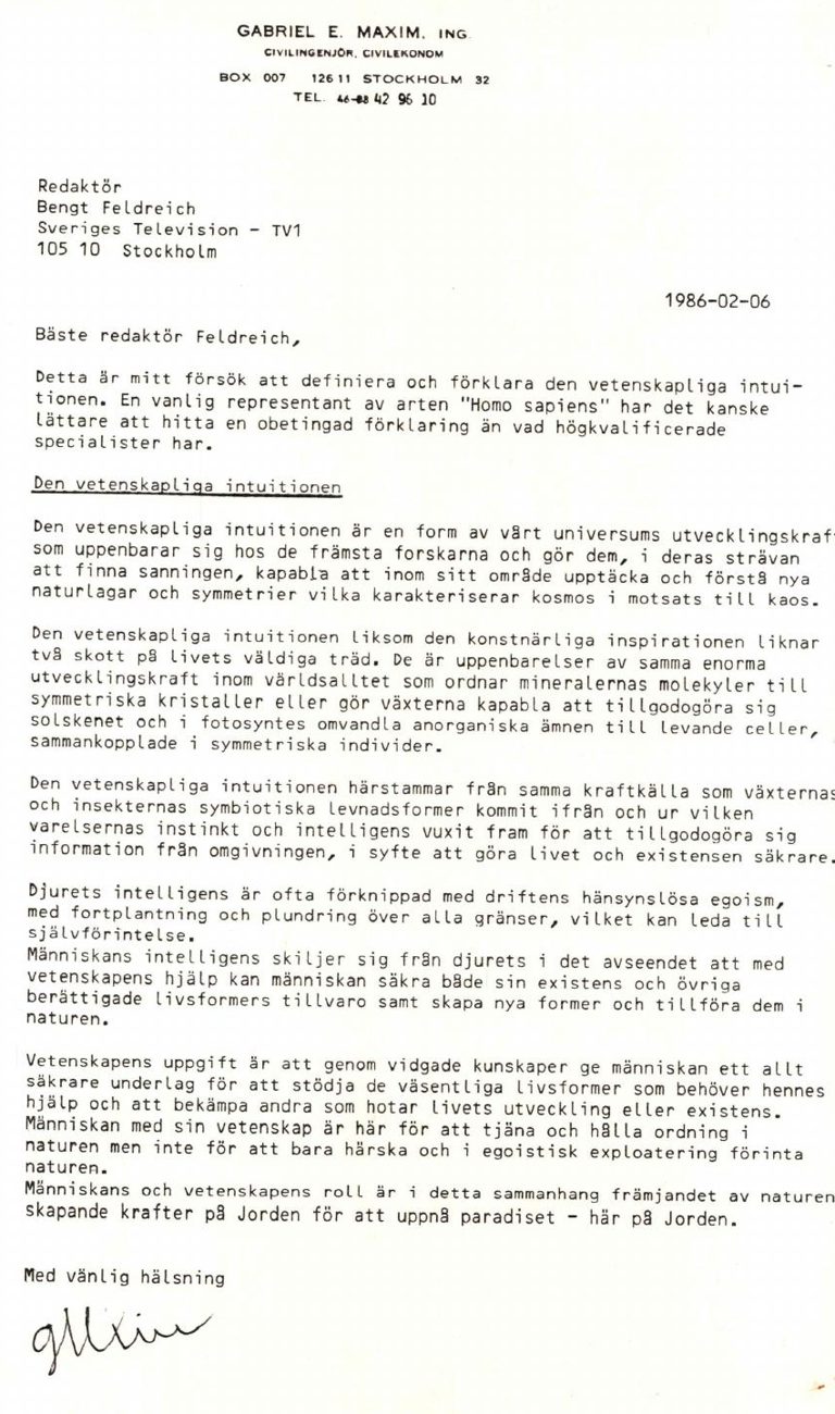 List Gabriela Maxima Švédskej televízii, 6. 2. 1986
