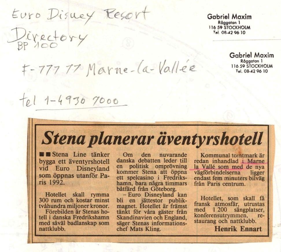 Výstrižok o Euro Disneylande s poznámkou Gabriela Maxima