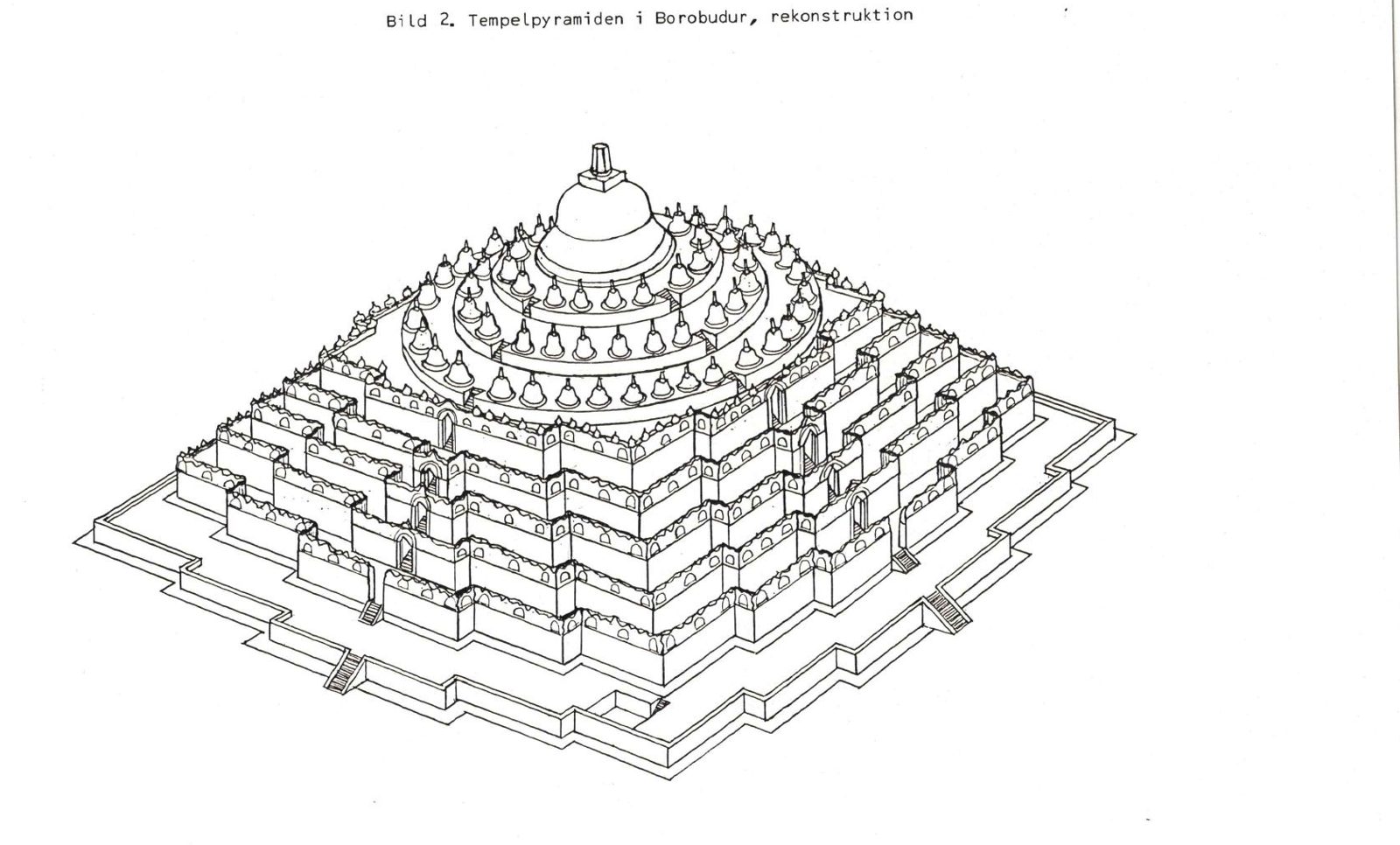 Kresba Gabriela Maxima: chrámová pyramída Borobudur, rekonštrukcia
