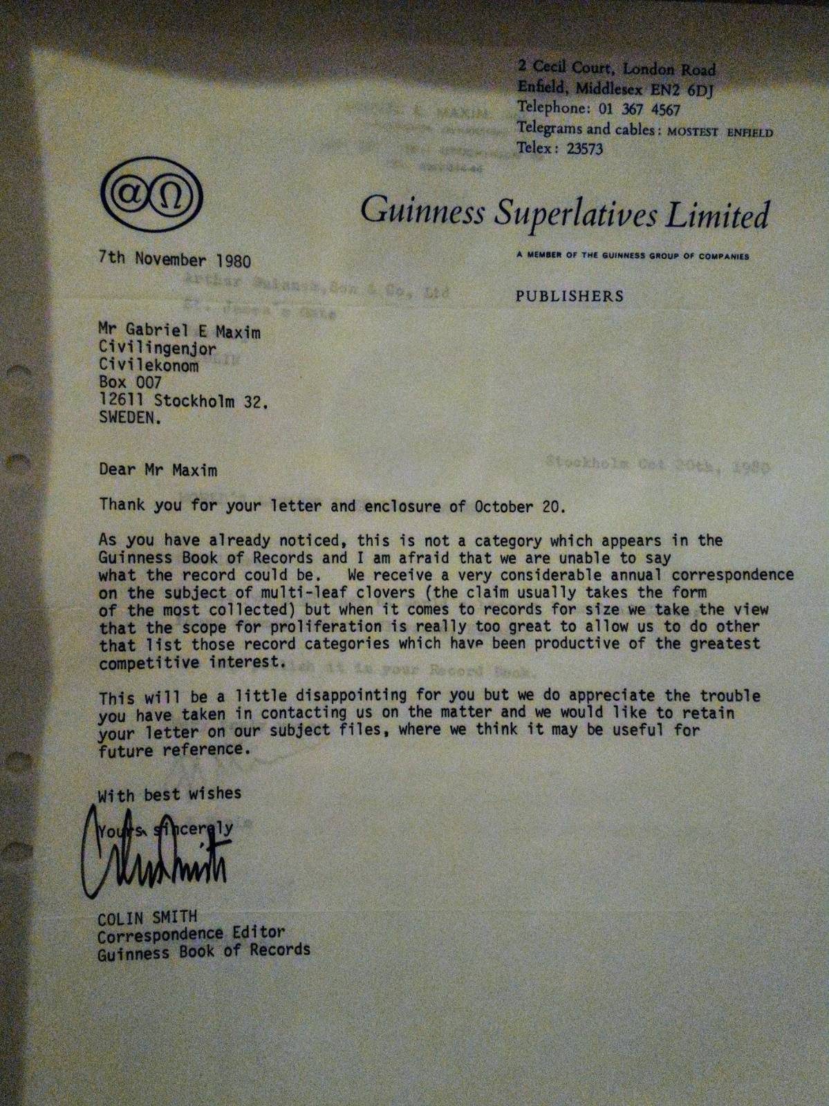 List z Guinness Book of Records Gabrielovi Maximovi, 7. november 1980
