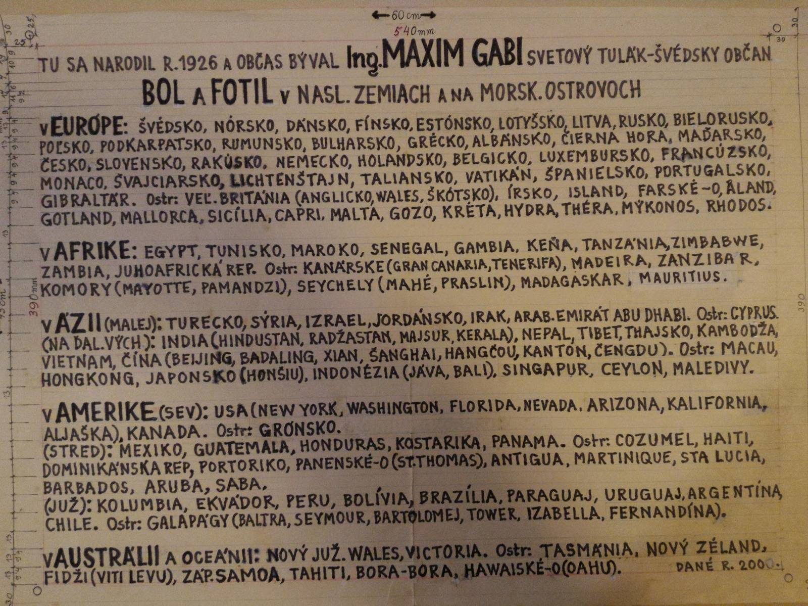 Ručne písaný zoznam krajín, ktoré navštívil Ing. Gabriel Maxim