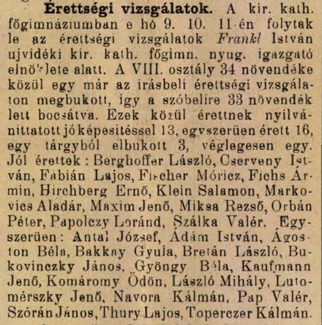 Report on the school-leaving exams in Satu Mare, 1904