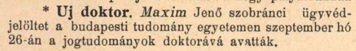 Newspaper report on Maxim Jenő’s graduation, 1910
