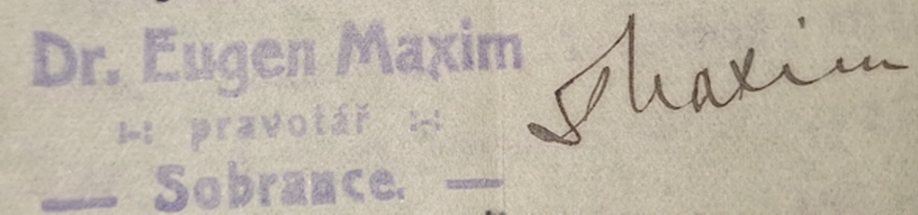 Personal stamp: Dr. Eugen Maxim, pravotár (lawyer), Sobrance